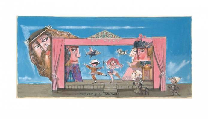 Paolo Fresu - Serigrafie - Il teatrino sulla spiaggia - Serigrafia a tiratura limitata con collage di stoffa - cm 130x75 - Galleria Casa d'Arte - Bra (CN)